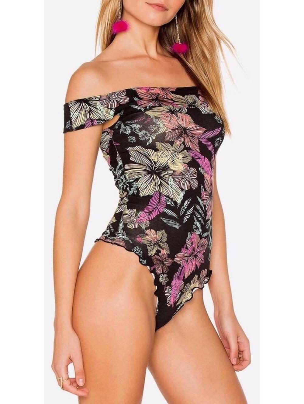 Free People Retro 80s Off Shoulder Bodysuit Neon Scalloped Tropical Size Medium
